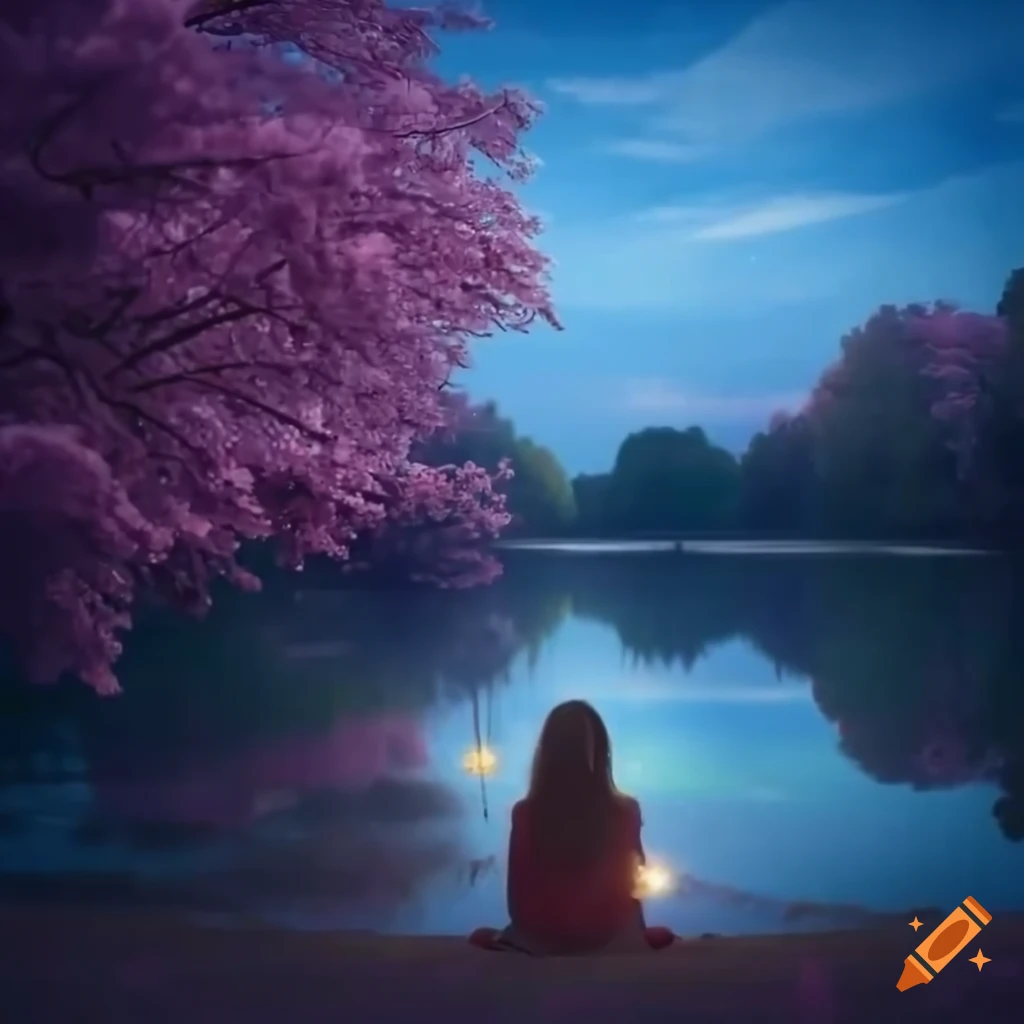 sakura pond with magical lights in a bright day