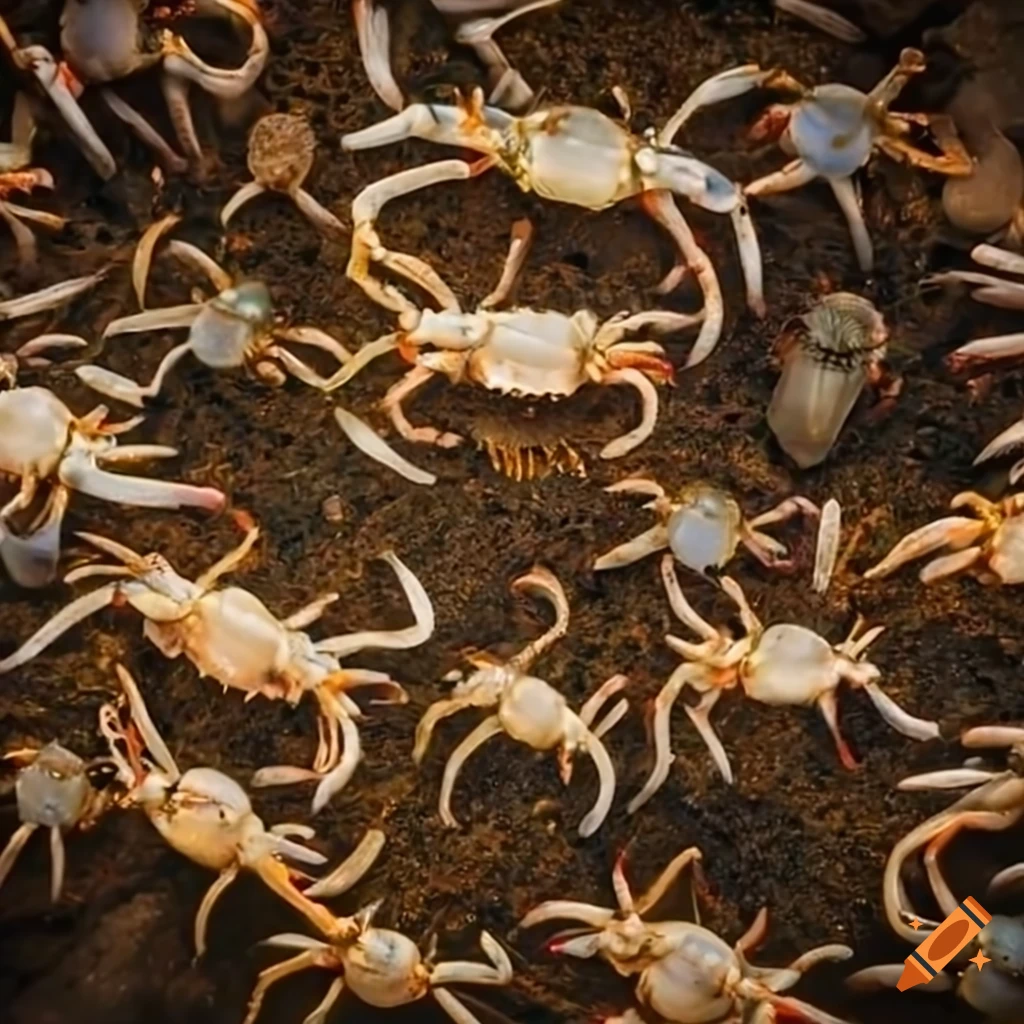closeup of crabs running from the sea on the beach