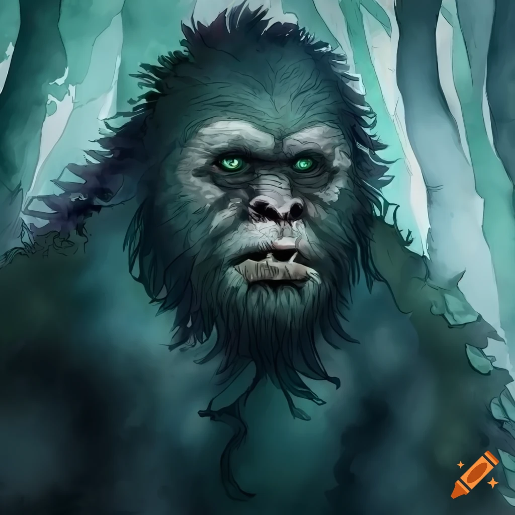 colorless aquarelle portrait of a heroic bigfoot in a forest