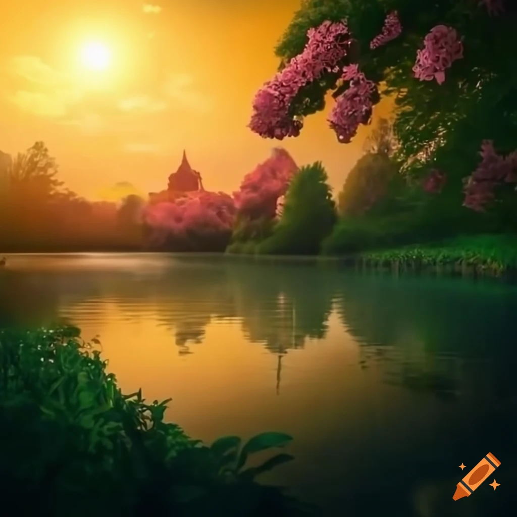 sakura pond under magical lights