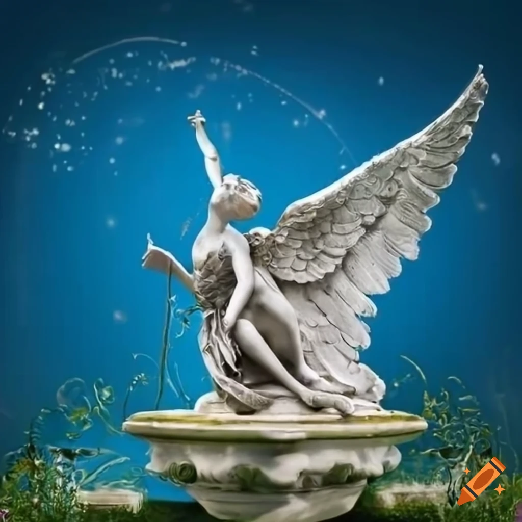 silver angel statue by a fountain in a garden