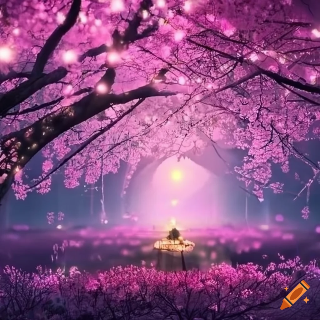 magical sakura landscape with mist and lights