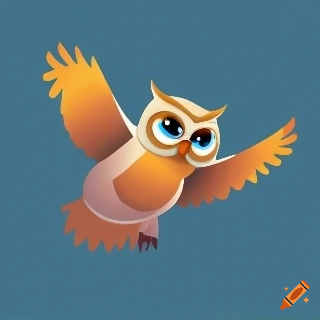 cartoon illustration of an owl with pants, blue to orange gradient