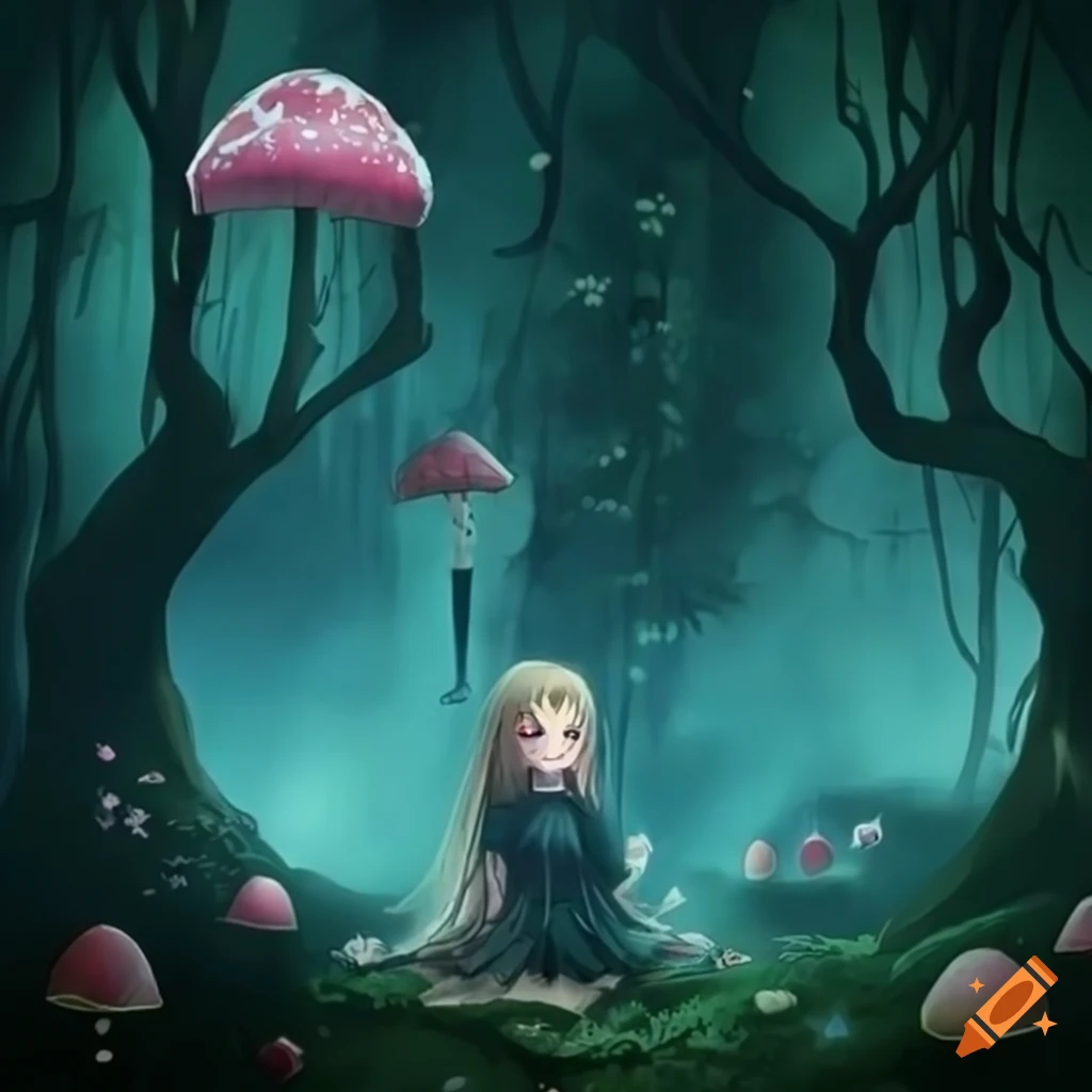 anime Alice in a magical mushroom forest