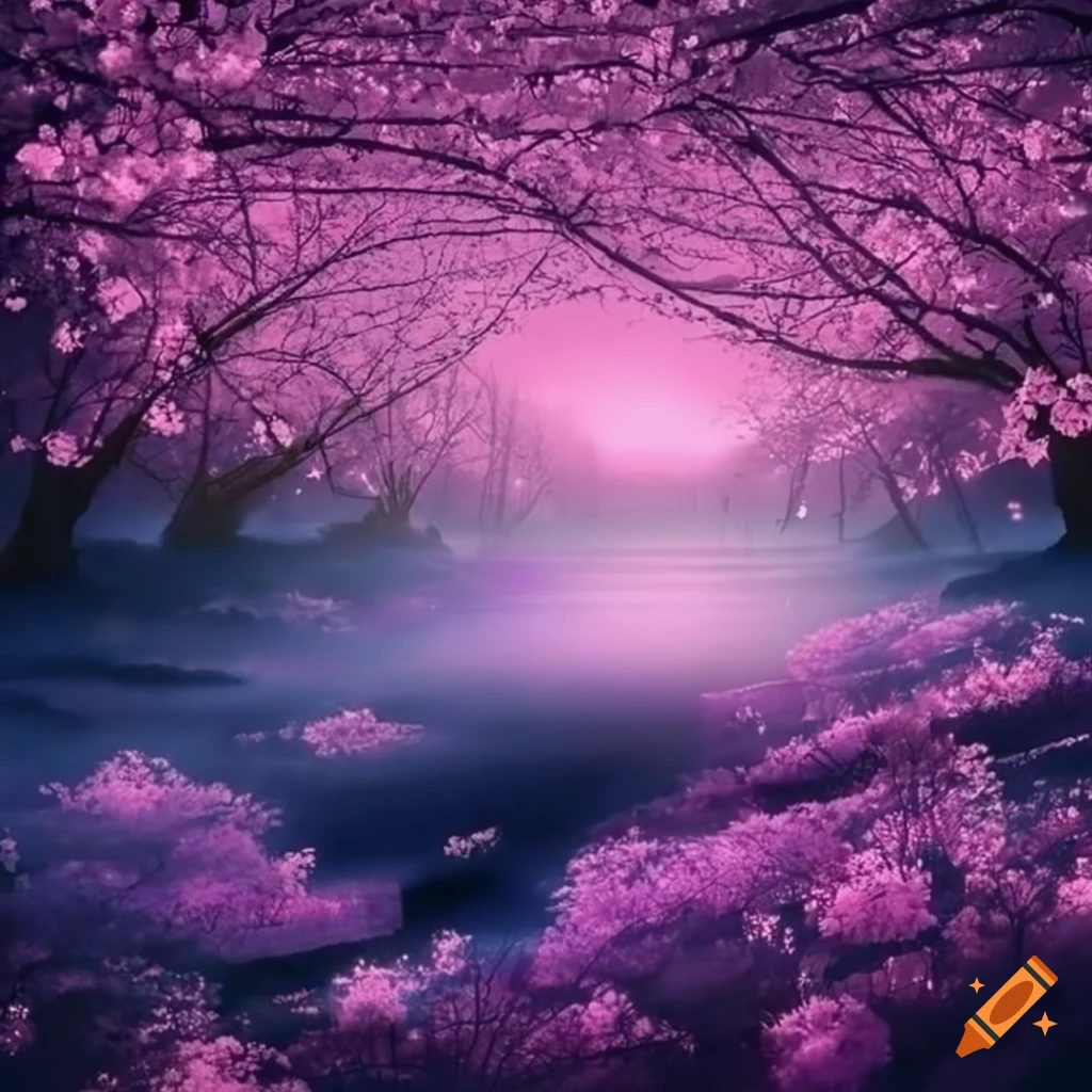magical sakura landscape with mist and lights