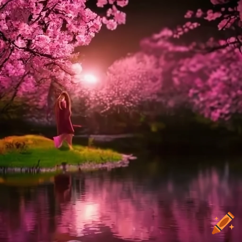 woman sitting by a sakura-filled pond under sunlight