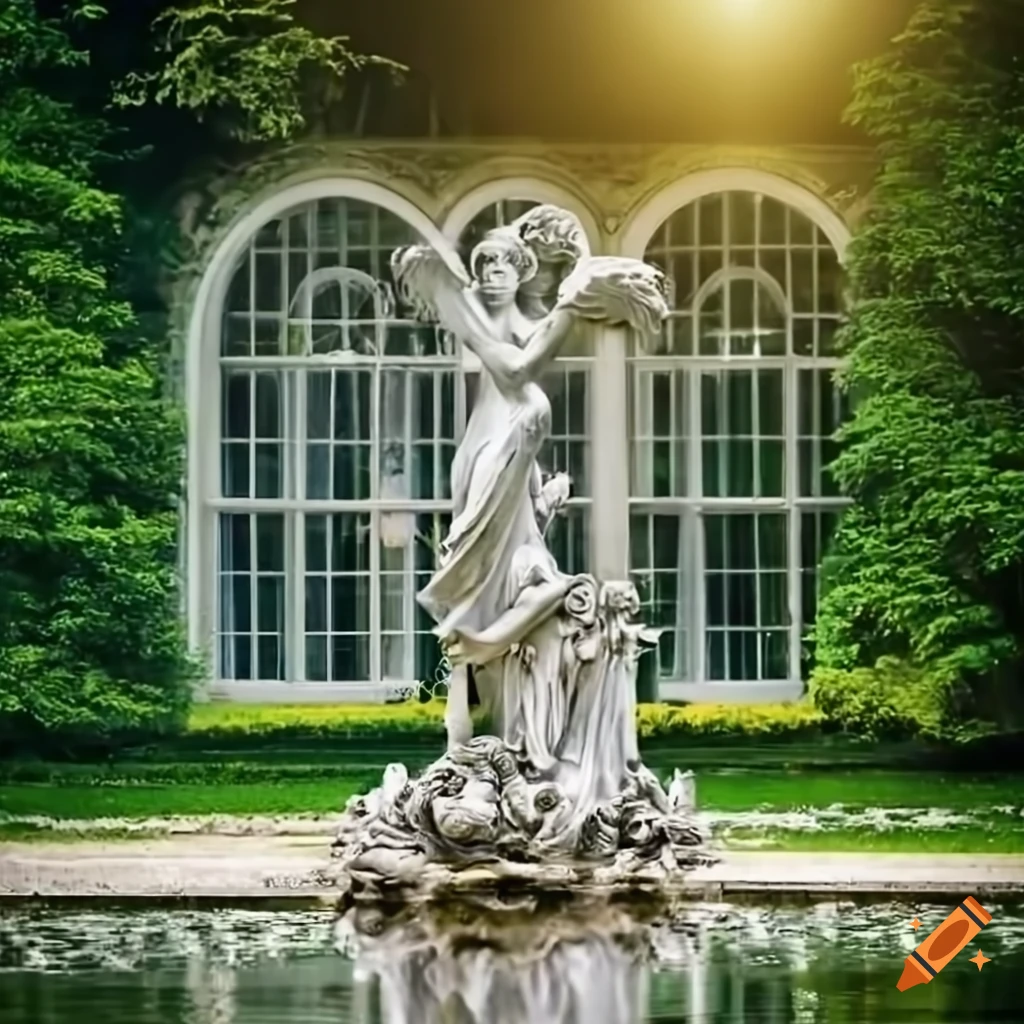 silver angel statue in a rococo garden