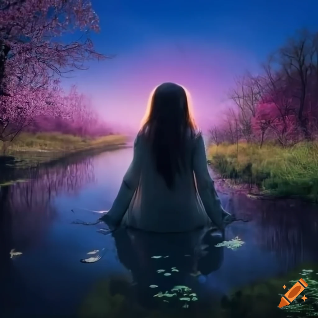 sakura pond with magical lights