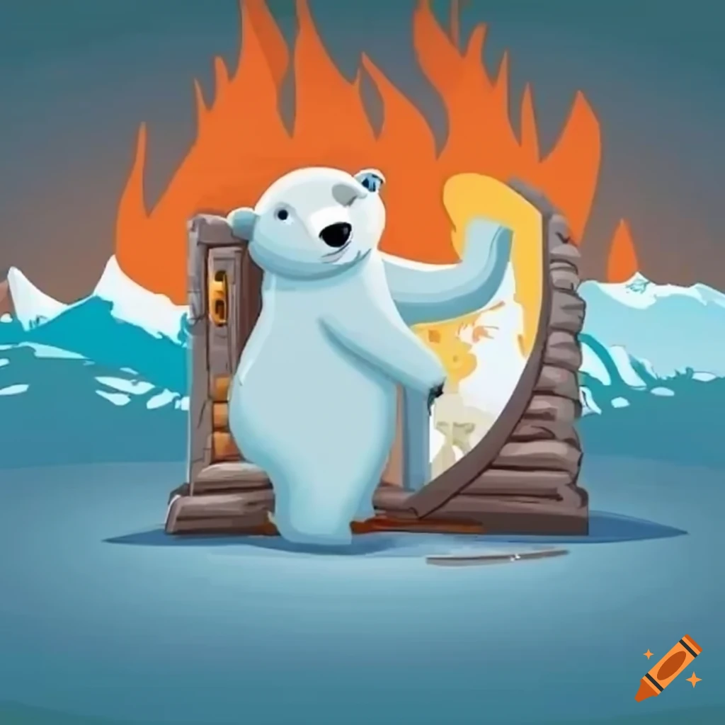 cartoon polar bear breaking through burning log cabin