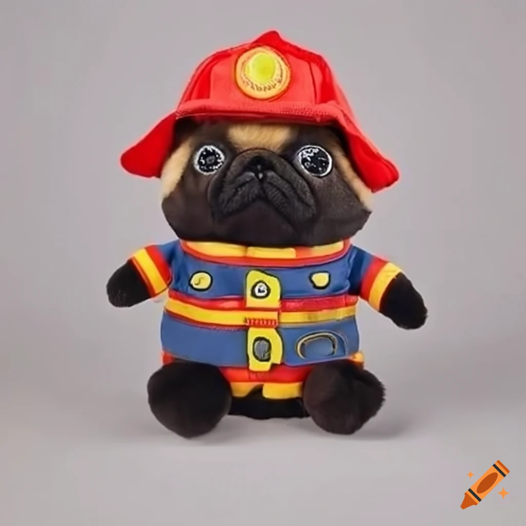 cute pug stuffed animal dressed as a fireman