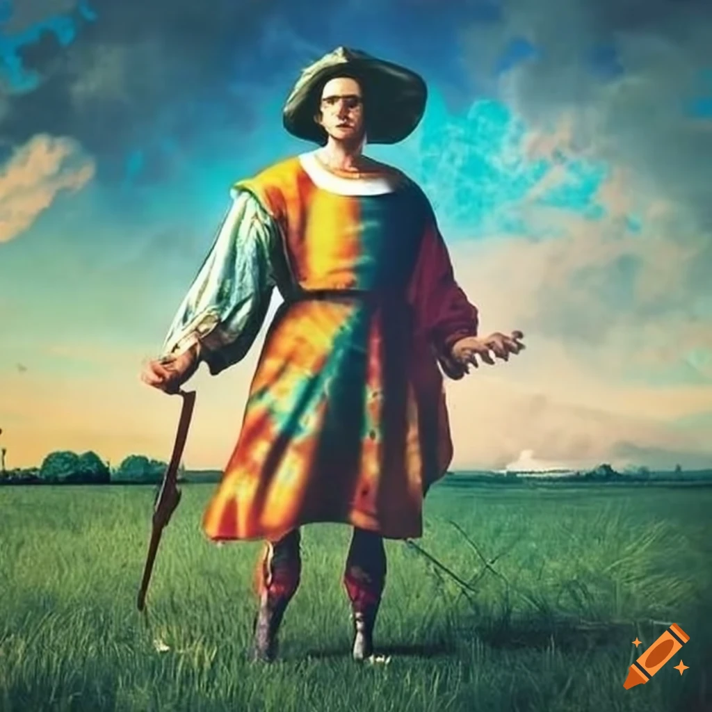 Columbus in tie dye shirt on a grassy field