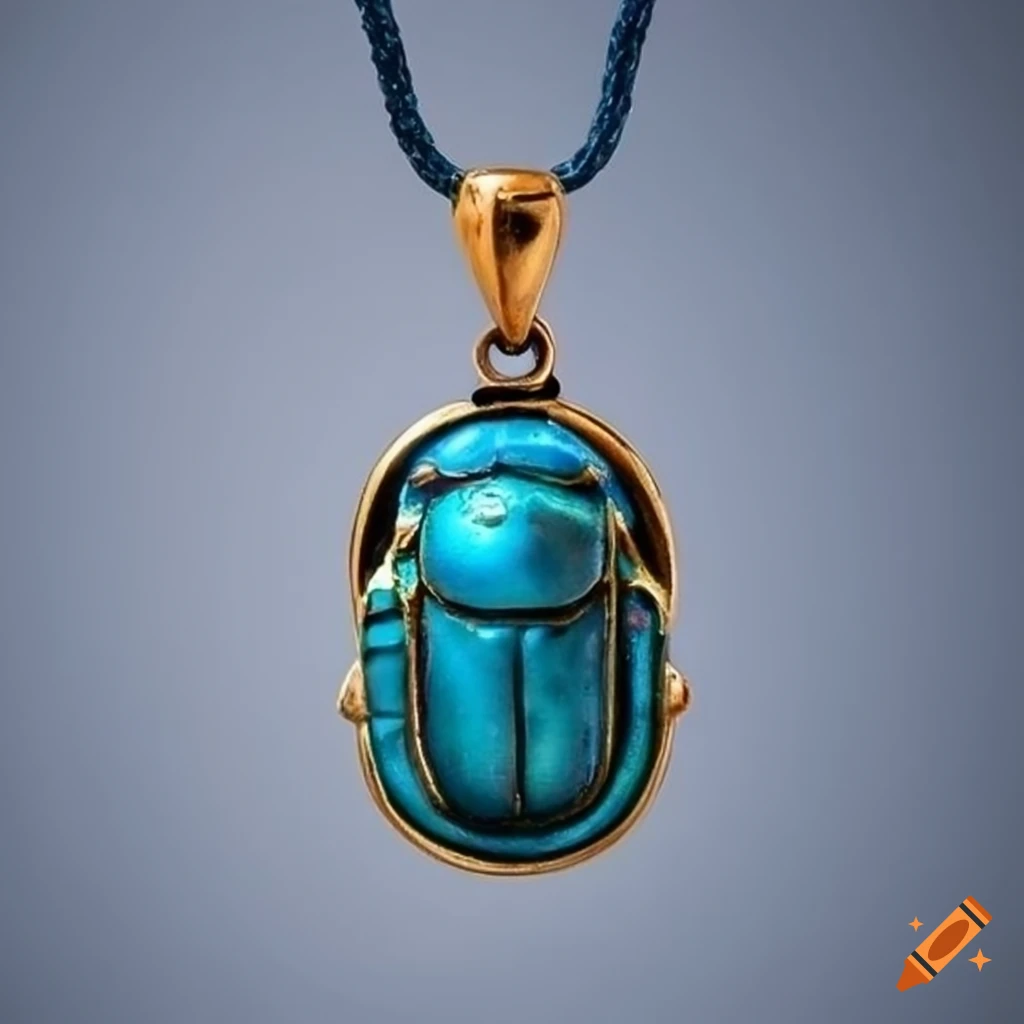 blue scarab pendant on an ancient Egyptian necklace