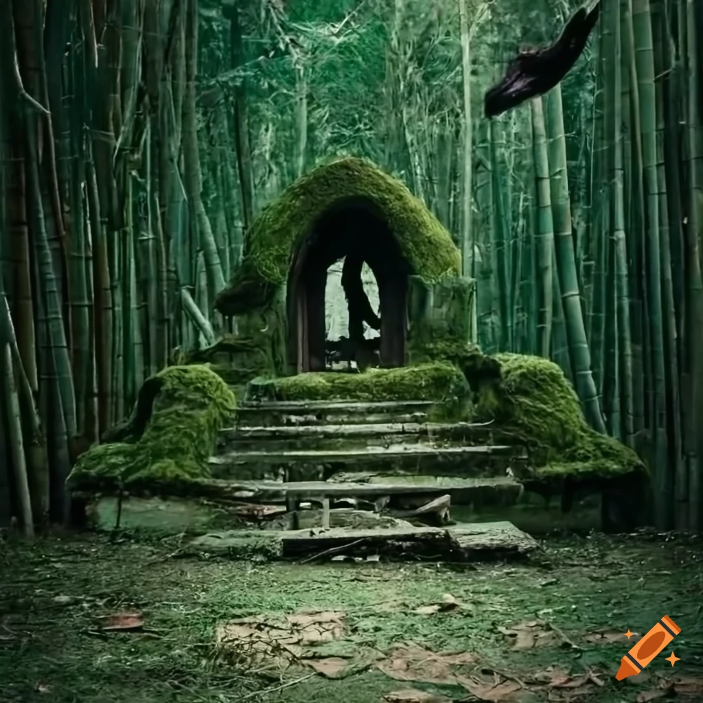mossy shrine in a bamboo forest with a bird perched on it