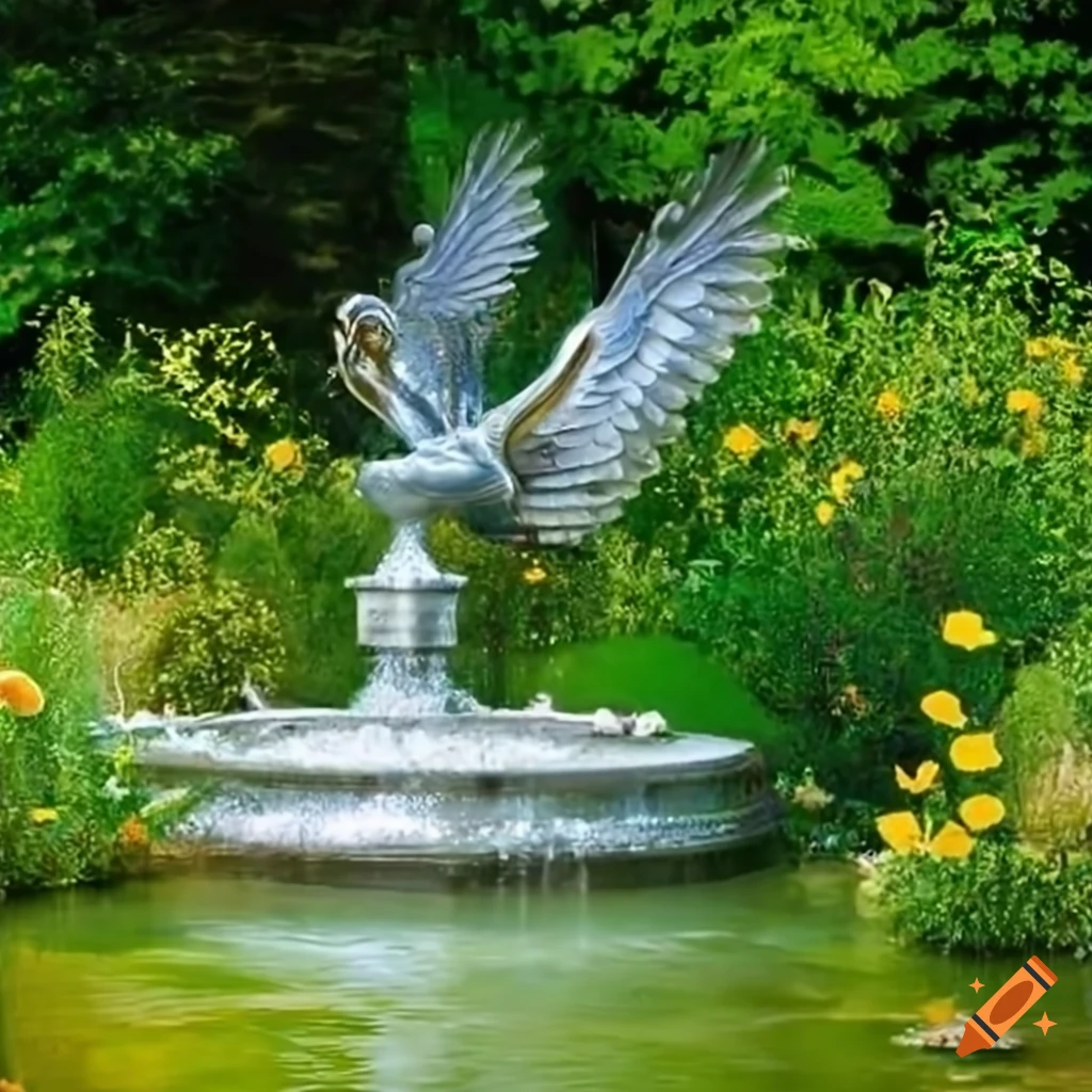 statue of a silver peacock spreading wings in a garden