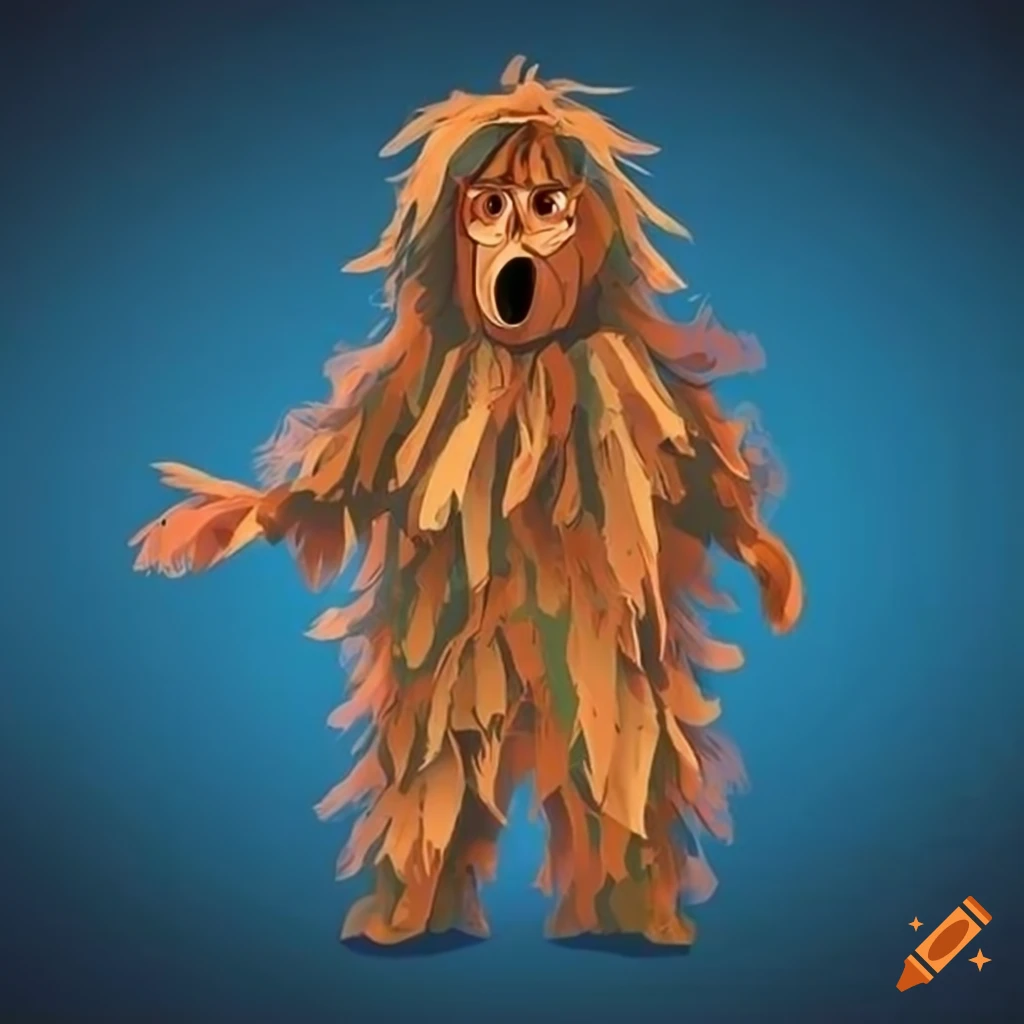 cartoon-style ghillie suit on a blue to orange gradient