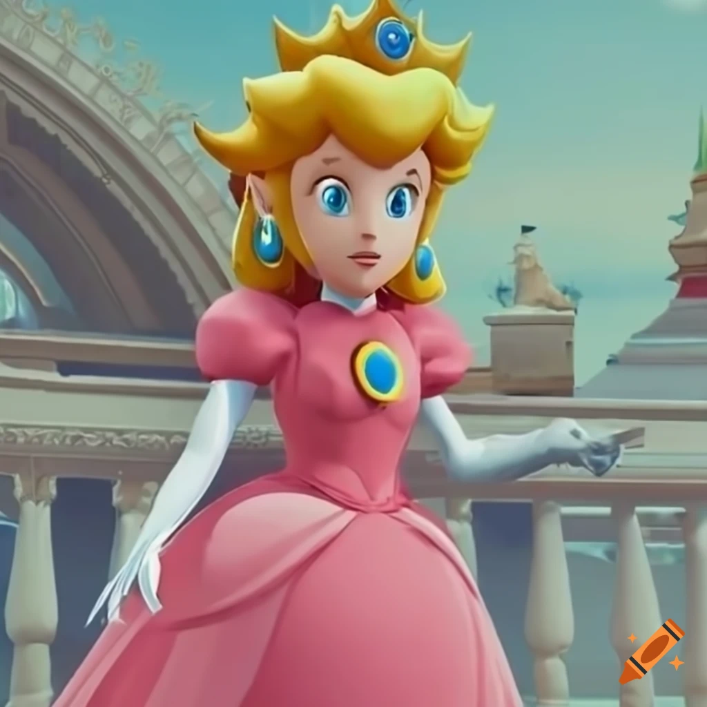princess Peach wearing a stunning ballgown on a grand staircase