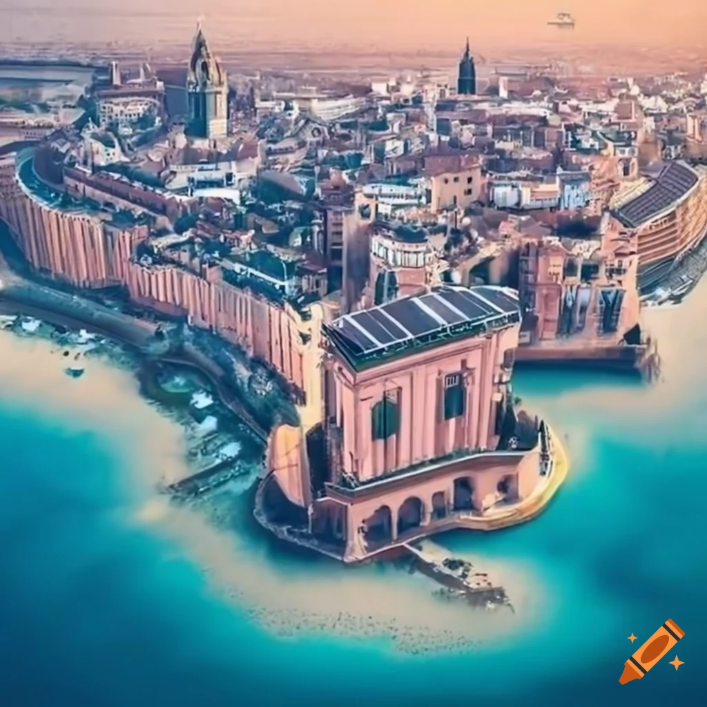 aerial view of a coastal city with solarpunk architecture