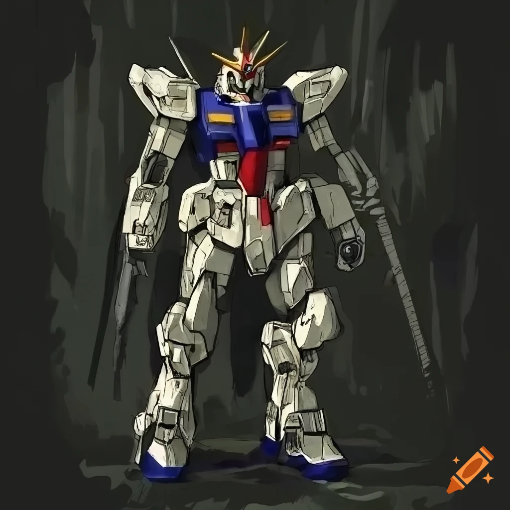 detailed gundam in a dark forest