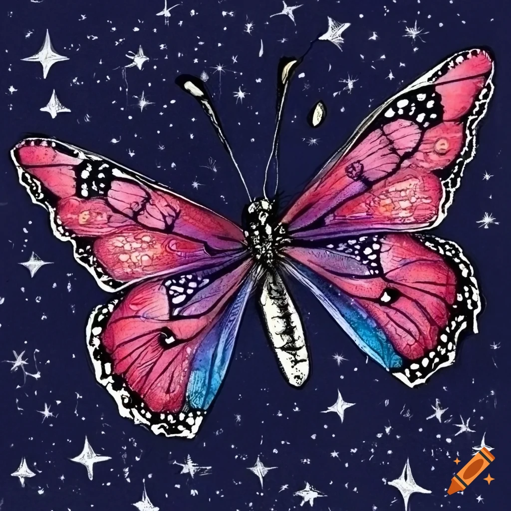 color engraving of a butterfly on a hand under a starry night