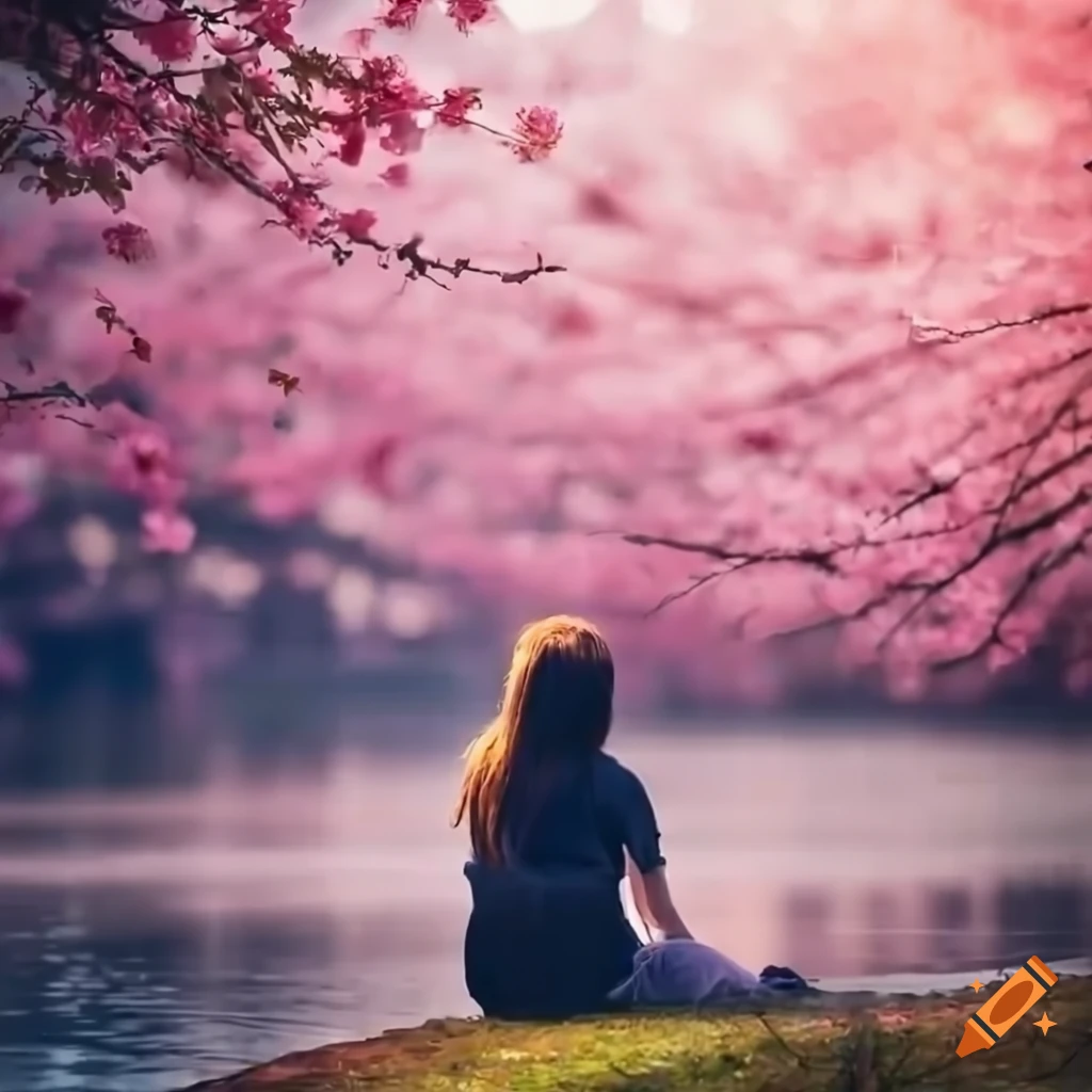 woman sitting by a sakura-filled pond under sunlight