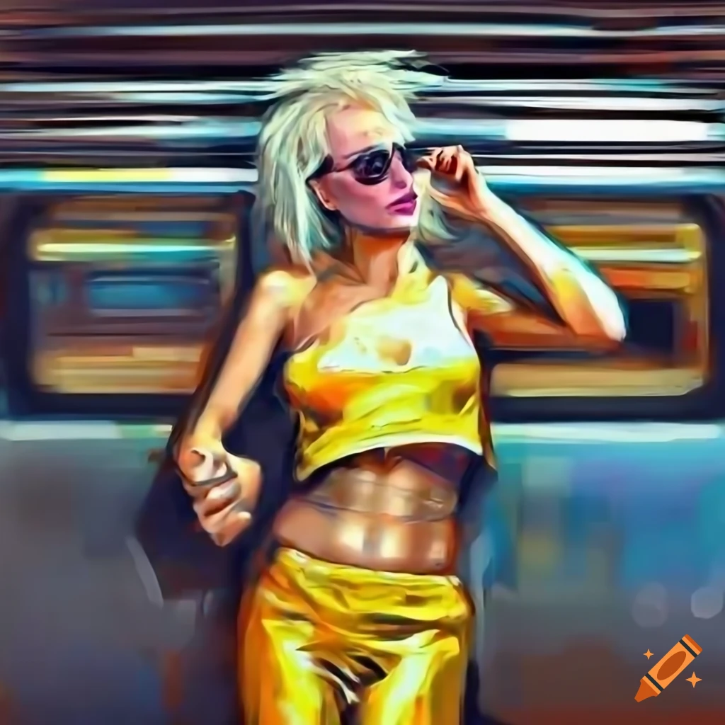 cyberpunk woman in gold leggings and yellow crop top on the subway
