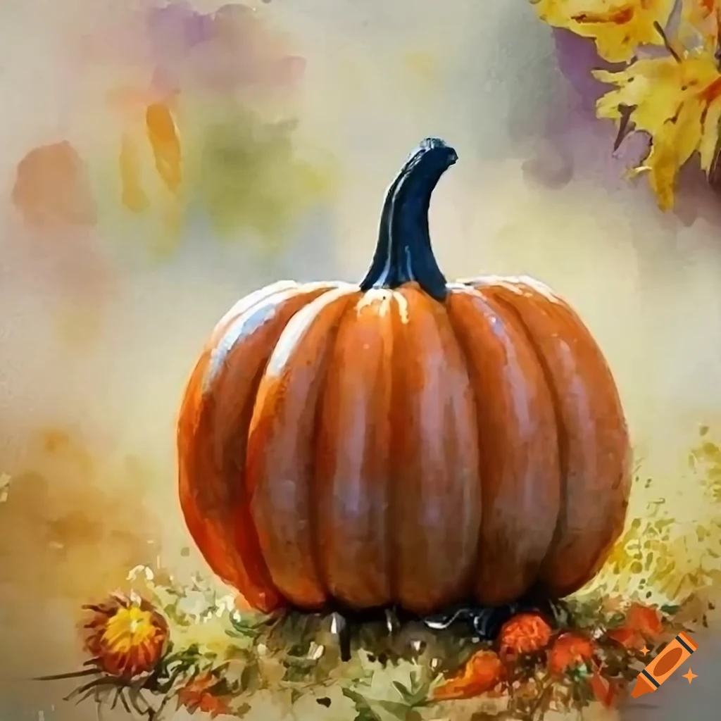 vivid painting of a pumpkin in an autumn landscape