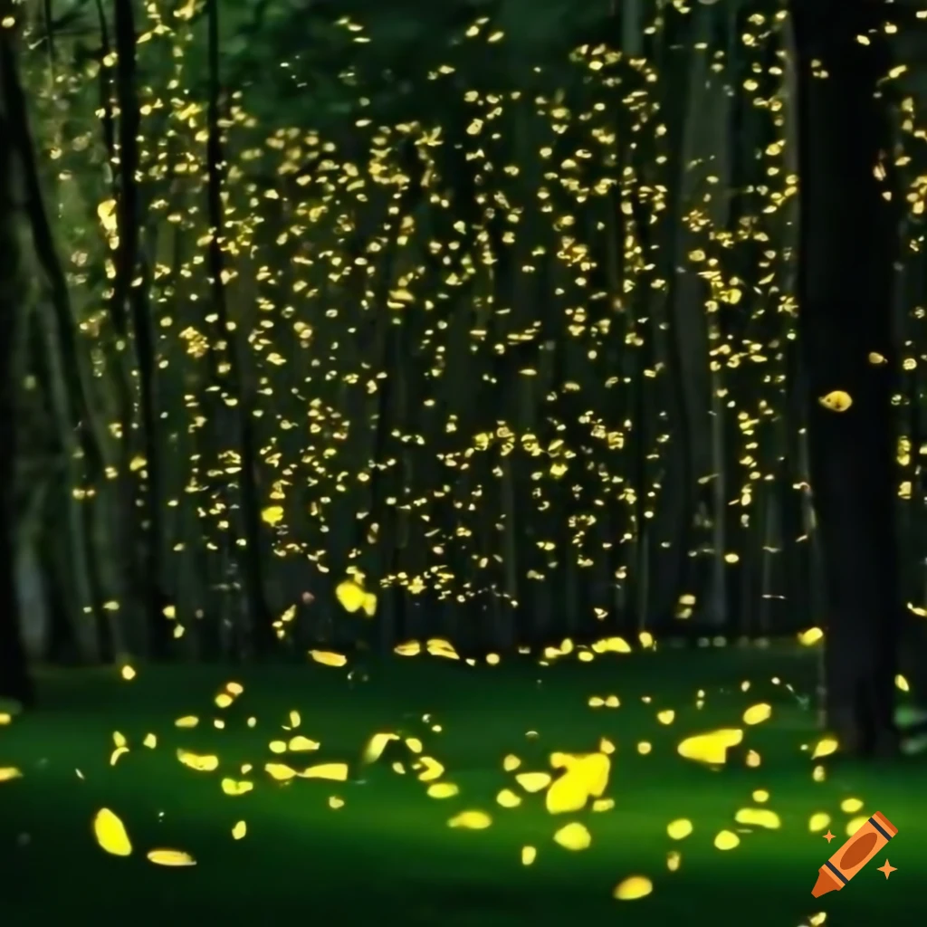 Night photo of a swarm of fireflies in a forest clearing on Craiyon