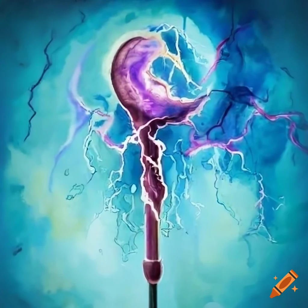 watercolor painting of a metal staff with lightning
