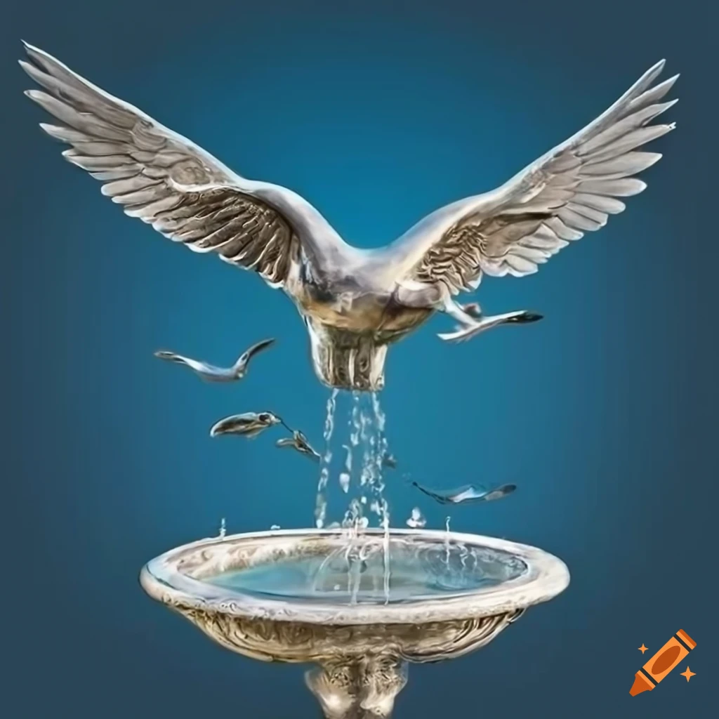 silver bird spreading wings in a victorian garden