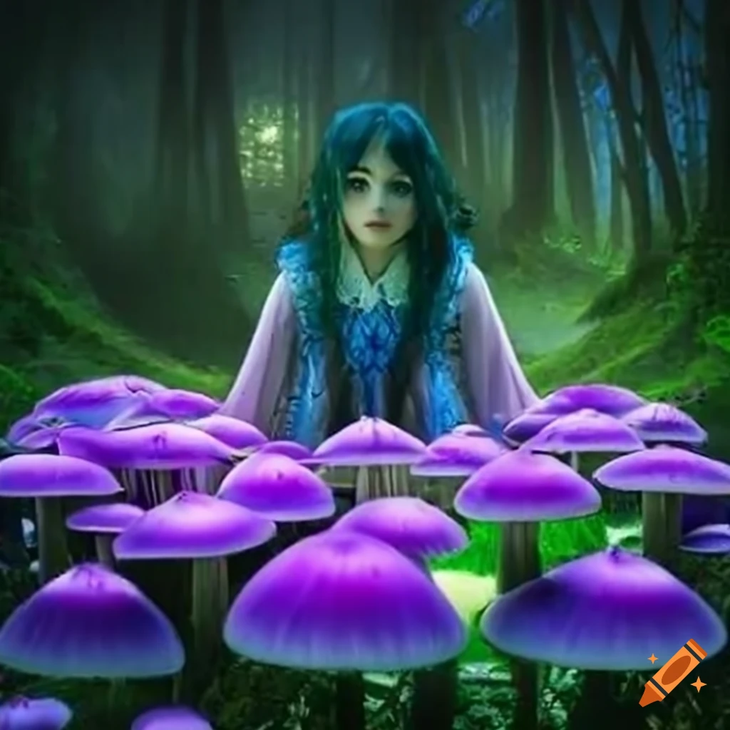 anime Alice in a magical mushroom forest