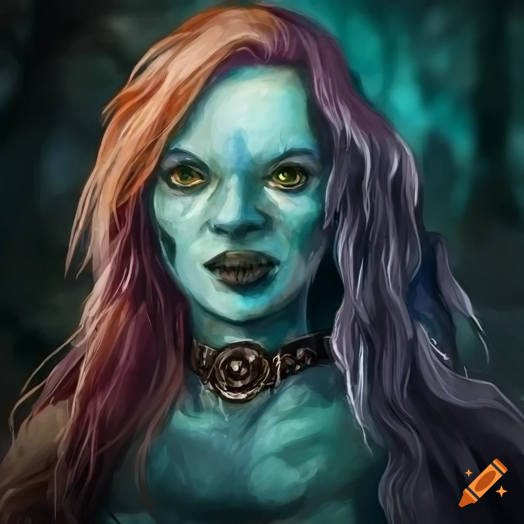 colorless aquarel portrait of a woman troll in a forest