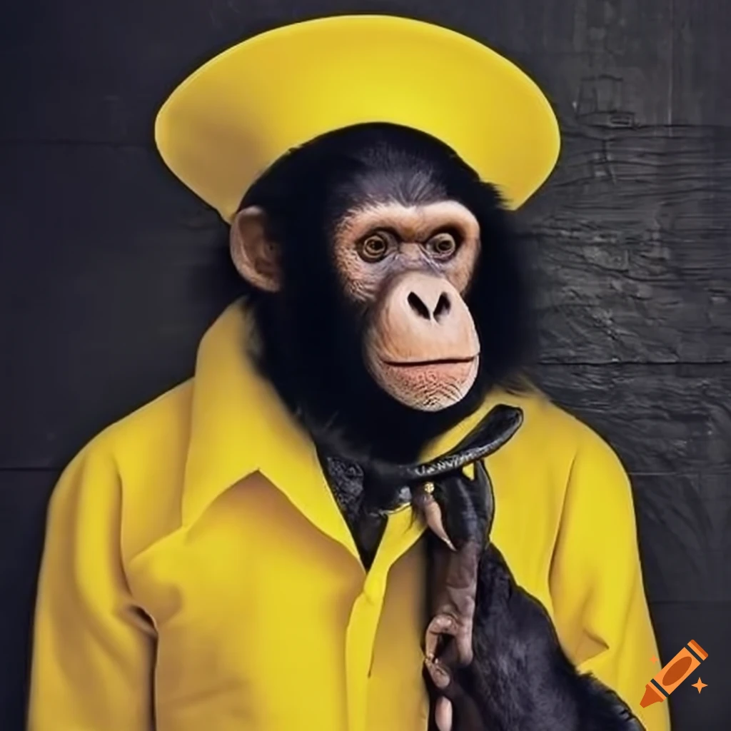 chimpanzee wearing a yellow sailors outfit