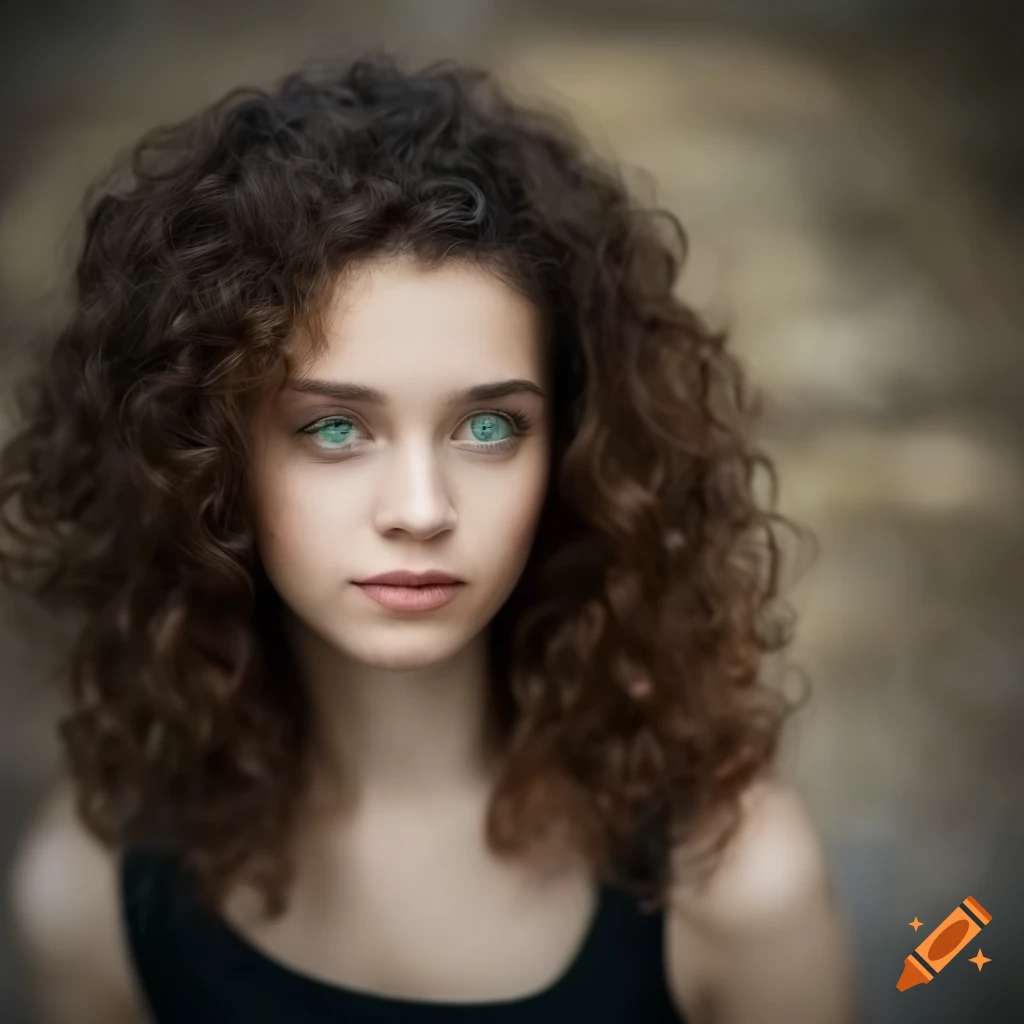 Portrait of a young woman with curly brown hair and green eyes on Craiyon