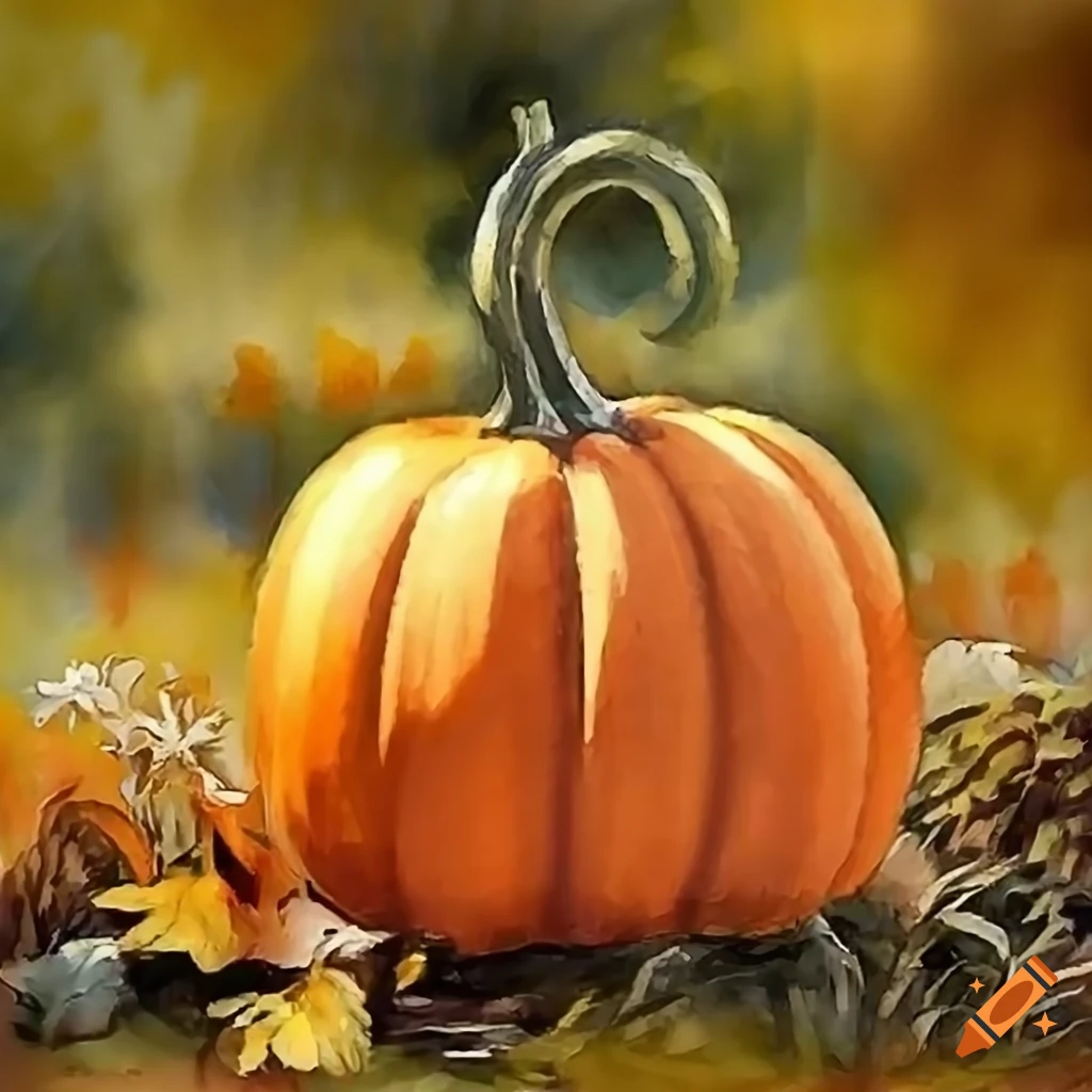 vibrant painting of a pumpkin in an autumn landscape