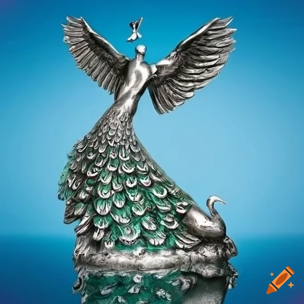 silver peacock statue in a garden with a fountain