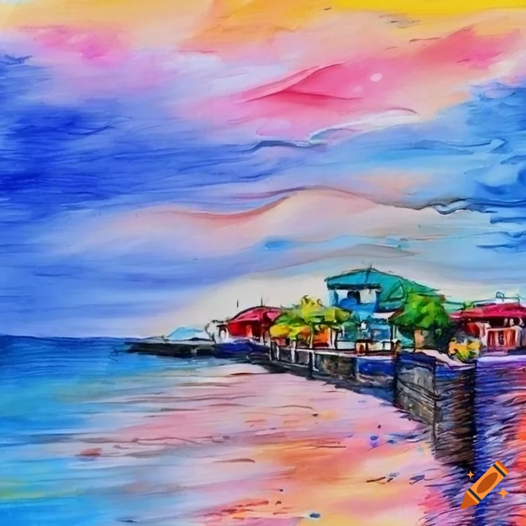 watercolor painting of a town's seawall