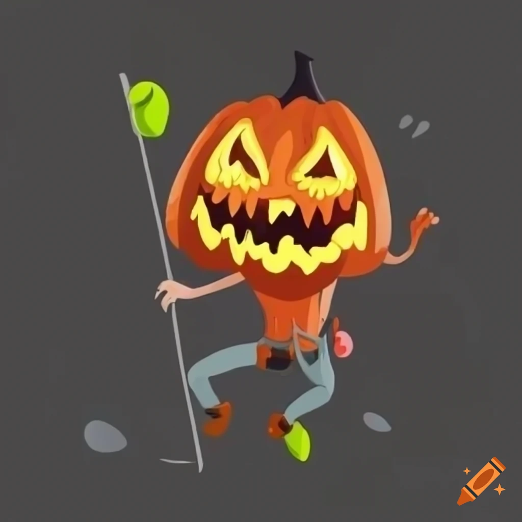 cartoon rock climber with pumpkin head