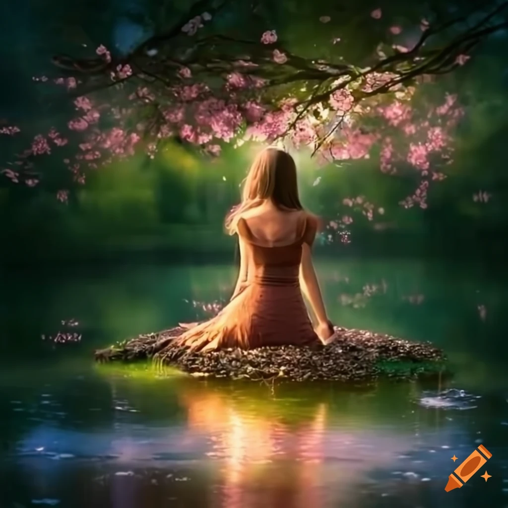 sakura pond with magical lights