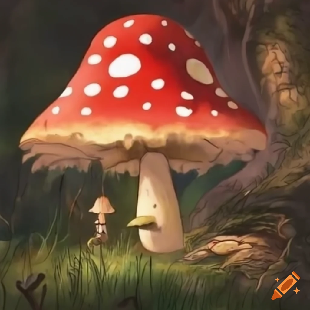 illustration of a mushroom as a main character in a Ghibli-style movie