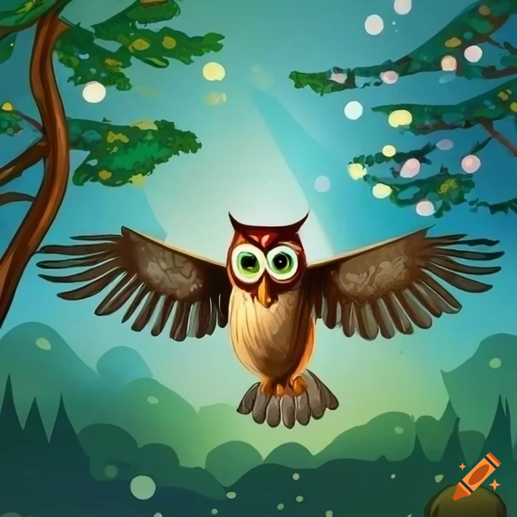 illustration of a wise owl flying in a tranquil forest
