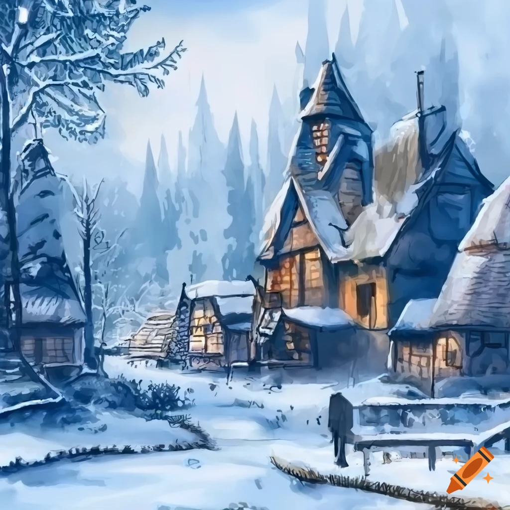 aquarelle of a medieval winter village in the forest