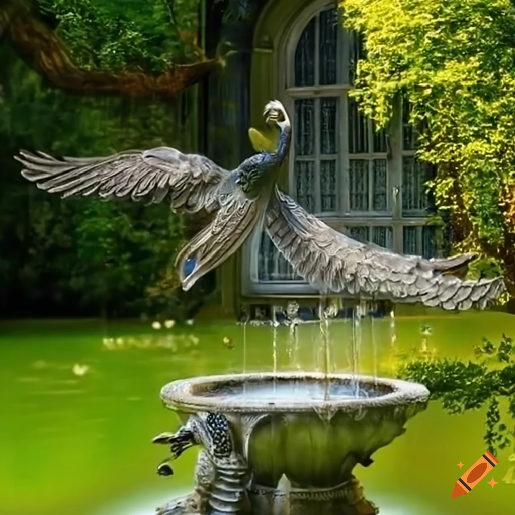 silver peacock statue spreading wings in a garden