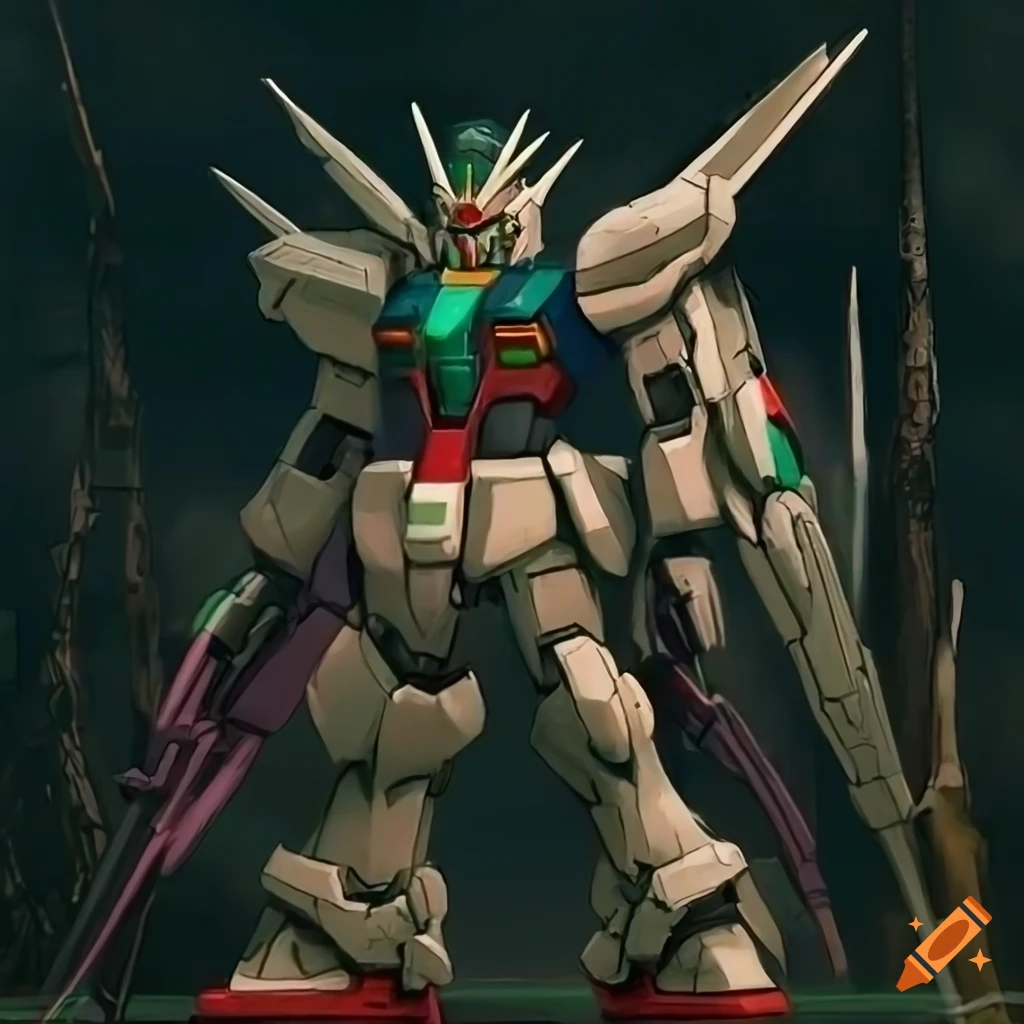detailed artwork of Gundam in a dark forest