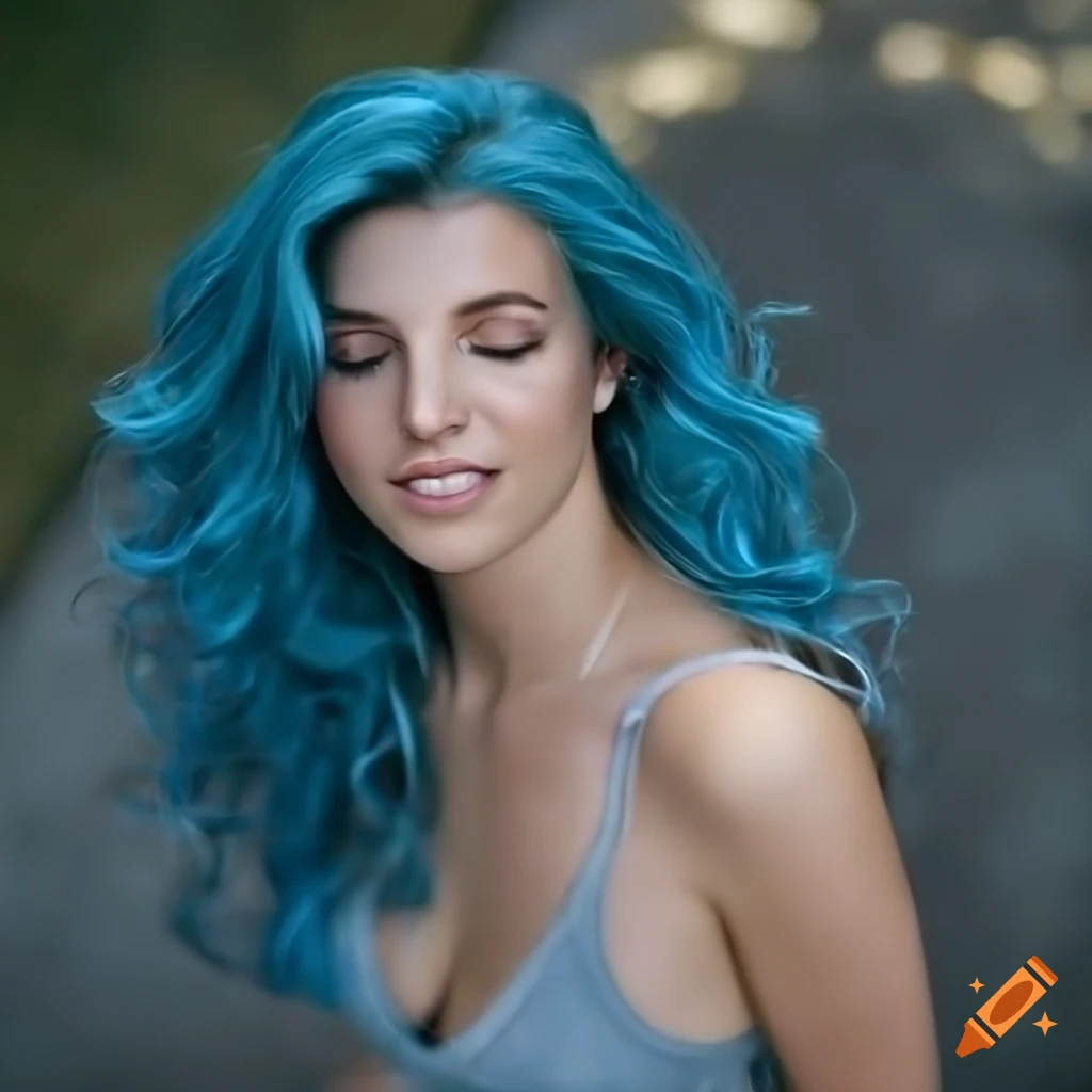 Close-up portrait of a beautiful young woman with blue curly hair on ...