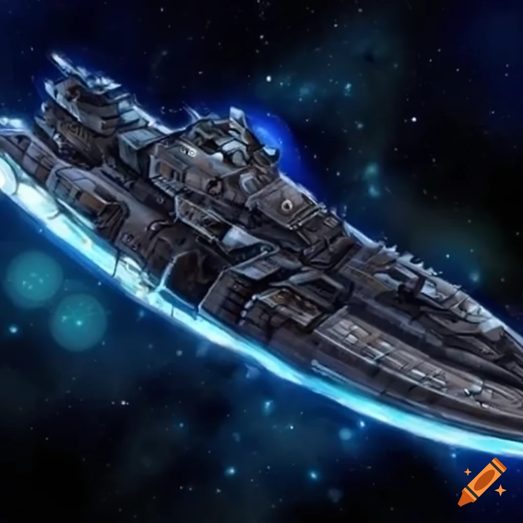 science fiction illustration of a battleship in space