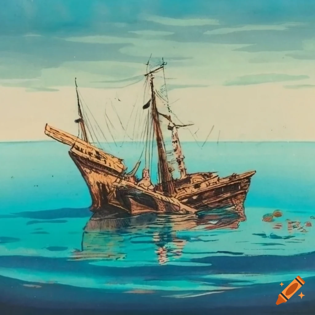 color lithograph of a shipwreck near a tropical island