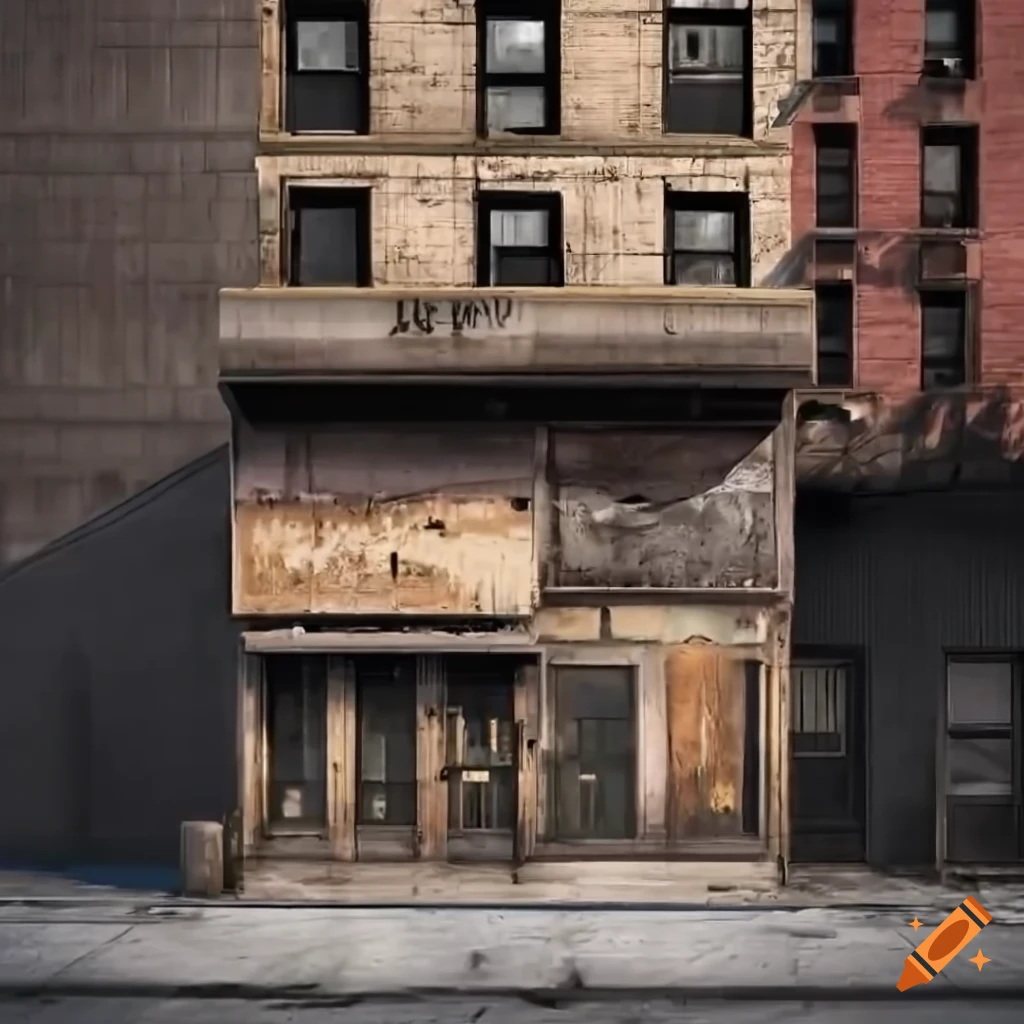 weathered storefront facade in a gritty urban environment