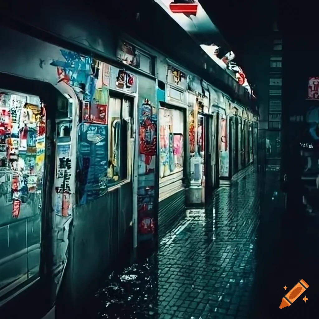 abandoned Tokyo subway with posters and trash