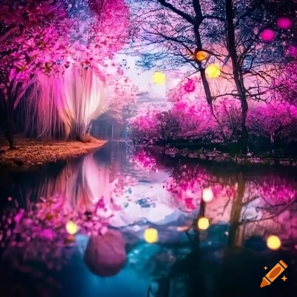 sakura pond with magical lights