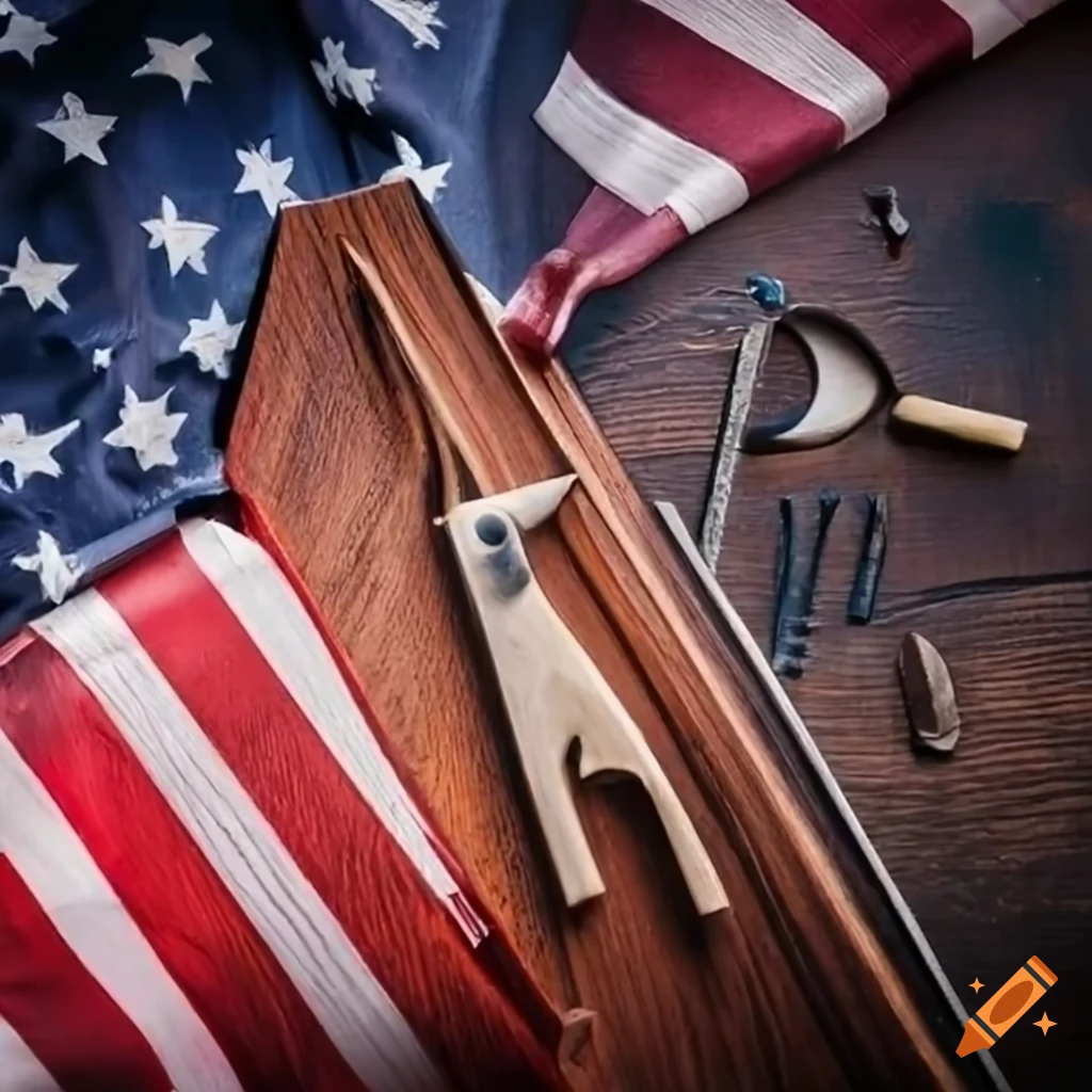 woodworking tools on a wood panel with American flag